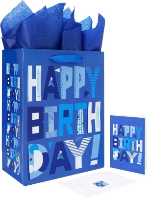 13" Large Blue Gift Bags Set with Greeting Card and Tissue Papers (Blue Happy Birthday) for Men's Birthday Party,Kids' Parties, Baby Shower, or Baby Boy - 13x10.2x5.2, 1 Pcs