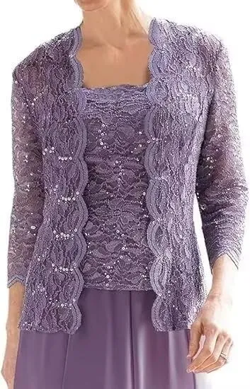 2 Pcs Mother of The Bride Dresses for Wedding Lace Sequins Tea Length Formal Evening Dress with Jackets