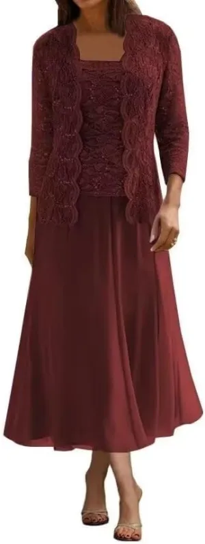 2 Pcs Mother of The Bride Dresses for Wedding Lace Sequins Tea Length Formal Evening Dress with Jackets