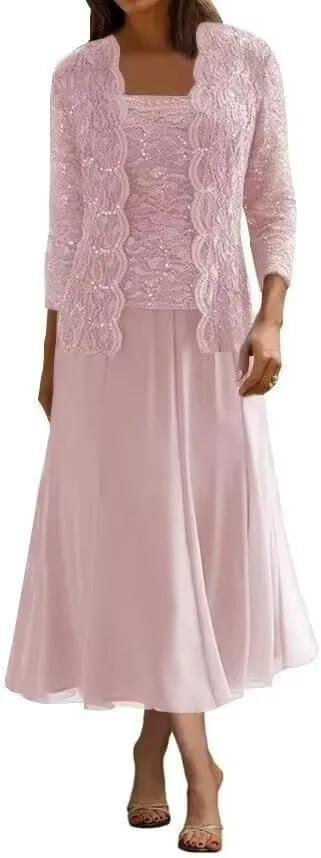 2 Pcs Mother of The Bride Dresses for Wedding Lace Sequins Tea Length Formal Evening Dress with Jackets