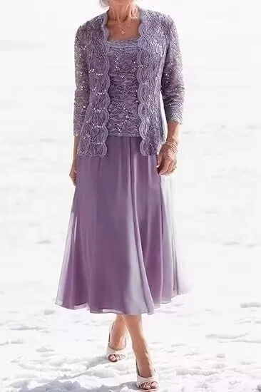 2 Pcs Mother of The Bride Dresses for Wedding Lace Sequins Tea Length Formal Evening Dress with Jackets