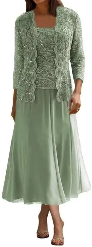2 Pcs Mother of The Bride Dresses for Wedding Lace Sequins Tea Length Formal Evening Dress with Jackets