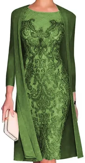 2 Pieces Mother of The Bride Dresses with Jackets Long Sleeves Laces Chiffon Tea Length Formal Evening Gowns Olive