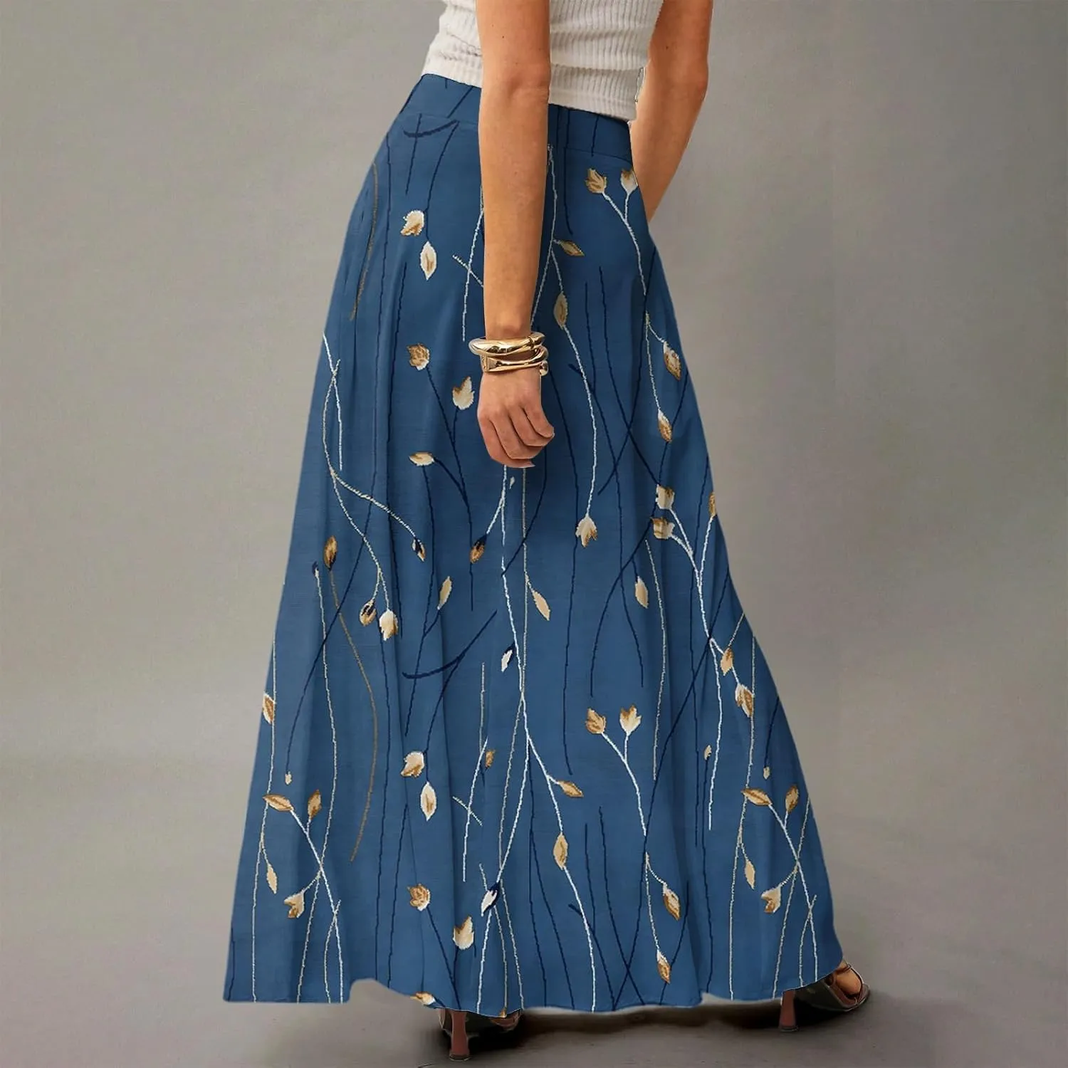 2025 Womens Long Maxi Skirt Trendy Summer Elastic High Waisted Pleated Floral Print A-Line Boho Skirts with Pockets