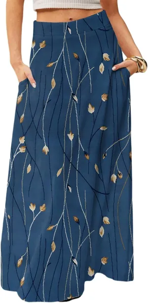 2025 Womens Long Maxi Skirt Trendy Summer Elastic High Waisted Pleated Floral Print A-Line Boho Skirts with Pockets