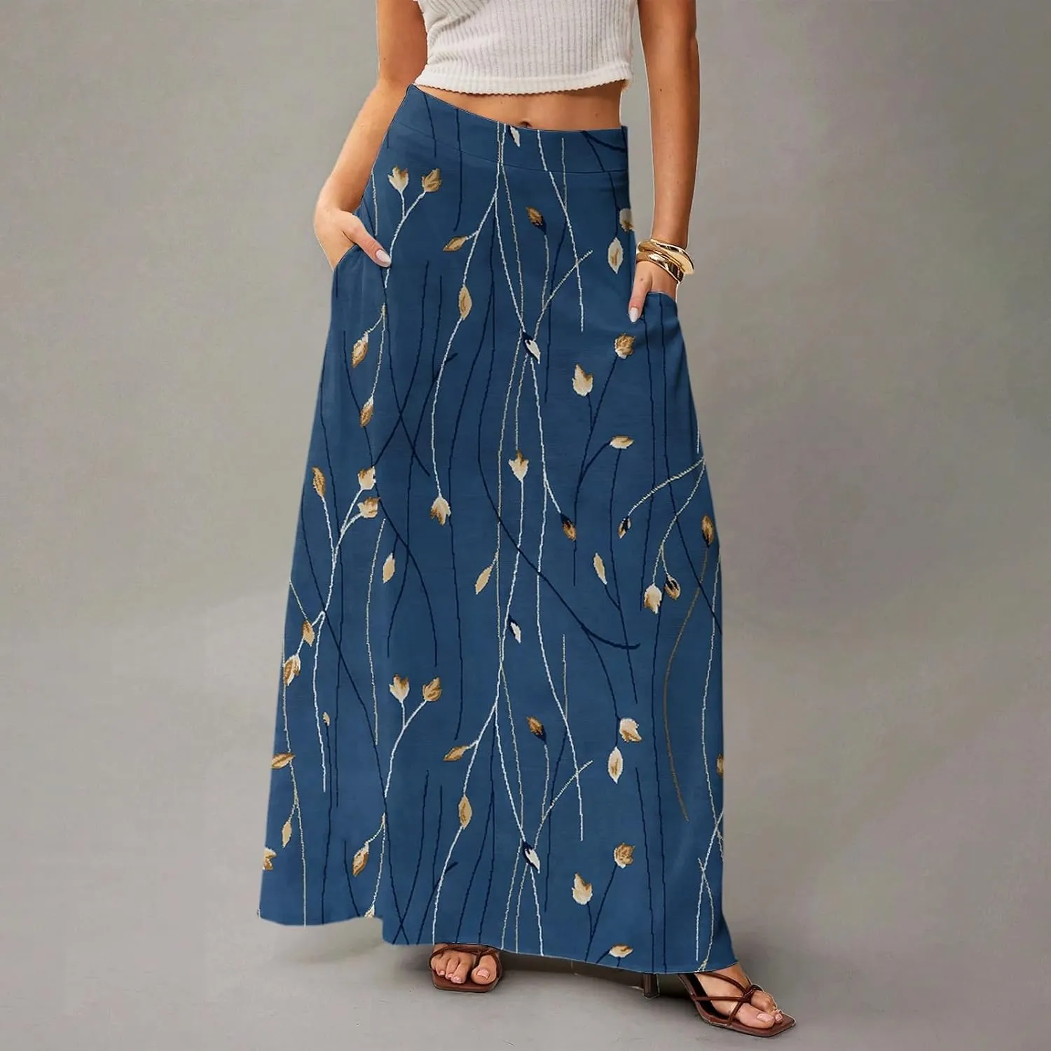 2025 Womens Long Maxi Skirt Trendy Summer Elastic High Waisted Pleated Floral Print A-Line Boho Skirts with Pockets