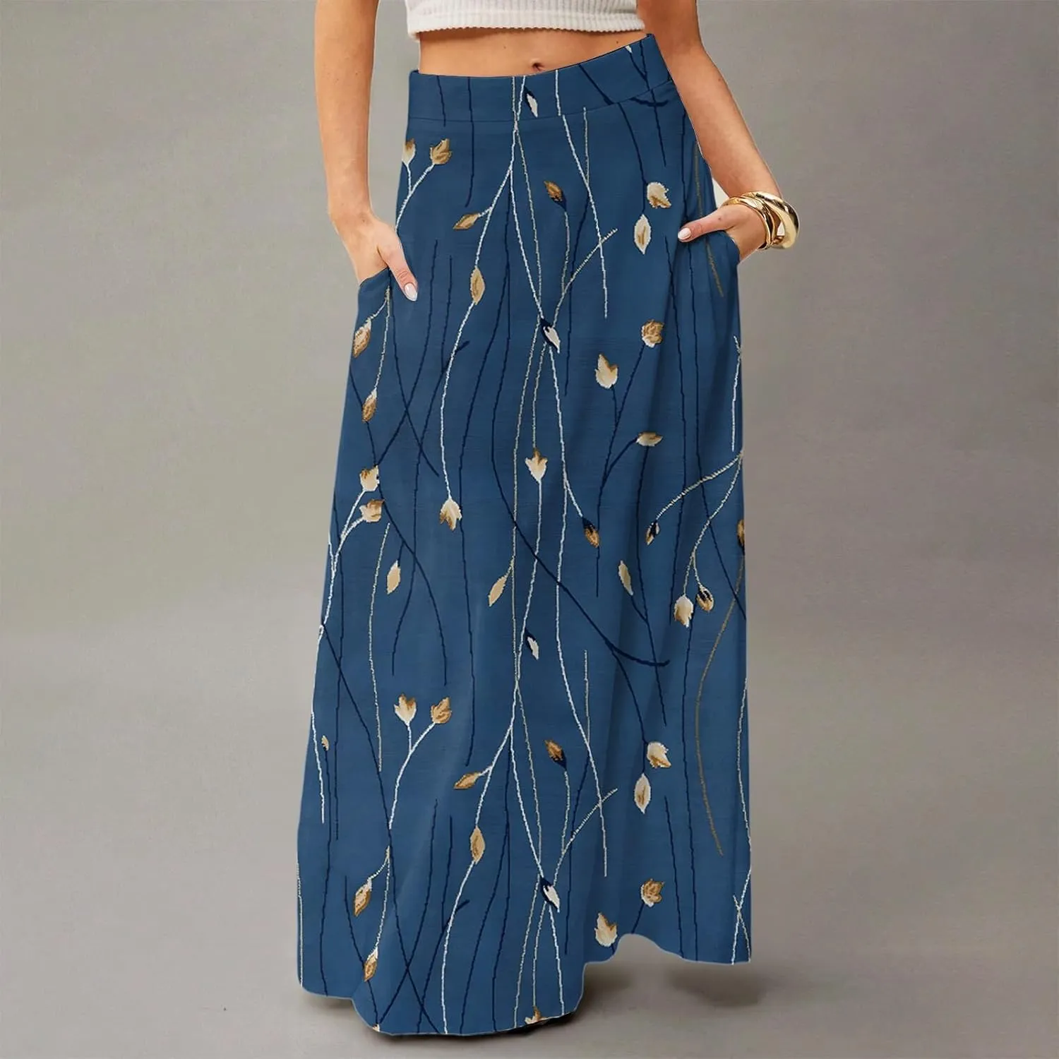 2025 Womens Long Maxi Skirt Trendy Summer Elastic High Waisted Pleated Floral Print A-Line Boho Skirts with Pockets