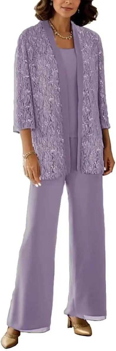 3 Pcs Mother of The Bride Pantsuits with Jackets 3/4 Long Sleeve Pant Suits for Women Dressy Wedding