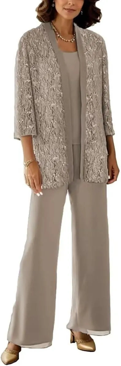 3 Pcs Mother of The Bride Pantsuits with Jackets 3/4 Long Sleeve Pant Suits for Women Dressy Wedding