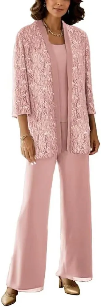 3 Pcs Mother of The Bride Pantsuits with Jackets 3/4 Long Sleeve Pant Suits for Women Dressy Wedding