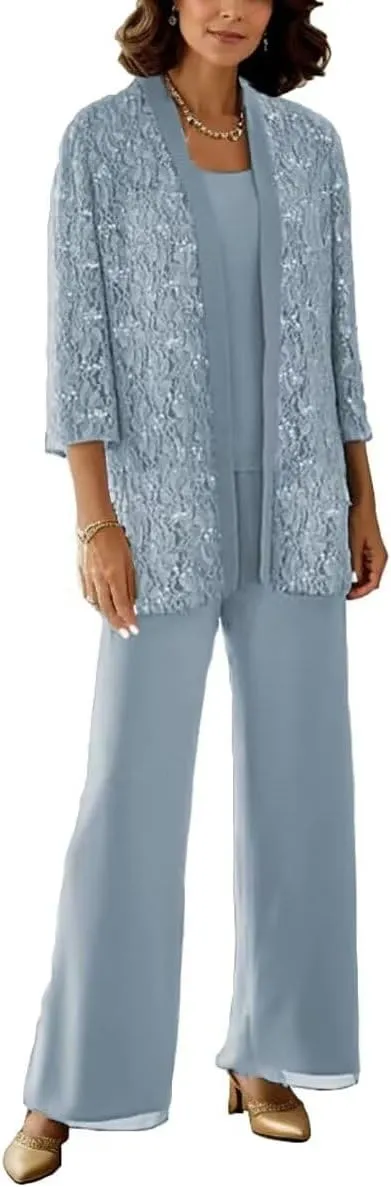 3 Pcs Mother of The Bride Pantsuits with Jackets 3/4 Long Sleeve Pant Suits for Women Dressy Wedding