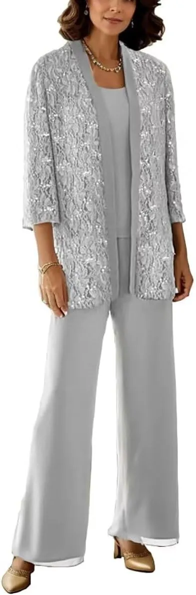 3 Pcs Mother of The Bride Pantsuits with Jackets 3/4 Long Sleeve Pant Suits for Women Dressy Wedding