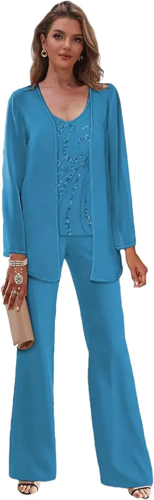 3 Piece Mother of The Bride Pant Suits with Jackets Sparkly Chiffon Formal Dress for Women Glitter Outfits