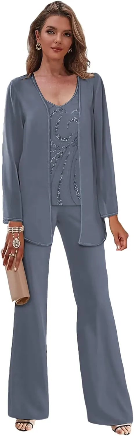 3 Piece Mother of The Bride Pant Suits with Jackets Sparkly Chiffon Formal Dress for Women Glitter Outfits