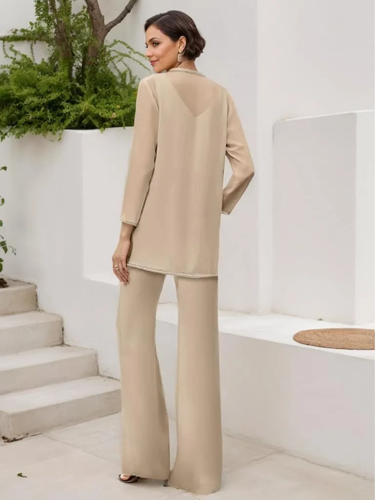 3 Piece Mother of The Bride Pant Suits with Jackets Sparkly Chiffon Formal Dress for Women Glitter Outfits