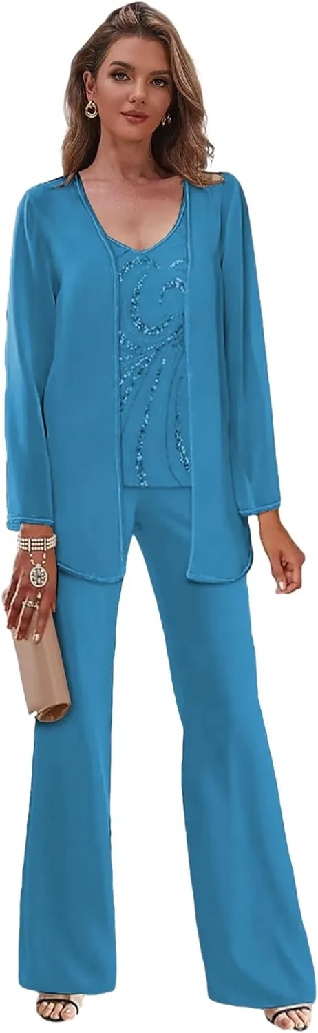 3 Piece Mother of The Bride Pant Suits with Jackets Sparkly Chiffon Formal Dress for Women Glitter Outfits
