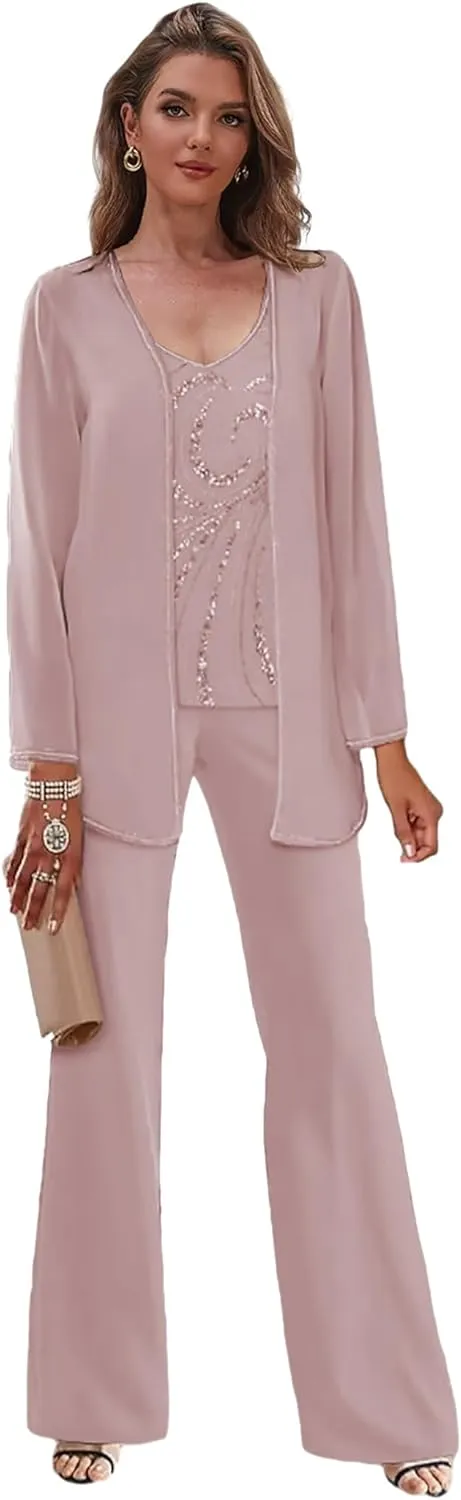 3 Piece Mother of The Bride Pant Suits with Jackets Sparkly Chiffon Formal Dress for Women Glitter Outfits