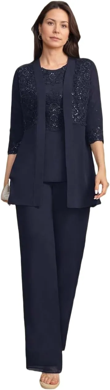 3 Pieces Mother of Bride Pant Suits with Jackets Laces Sequin Chiffon Mother of Groom Dresses