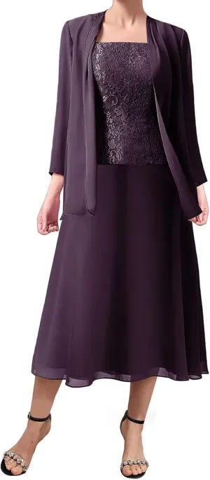 3 Pieces Mother of The Bride Dresses Women Chiffon Formal Evening Gowns with Long Sleeve Jackets