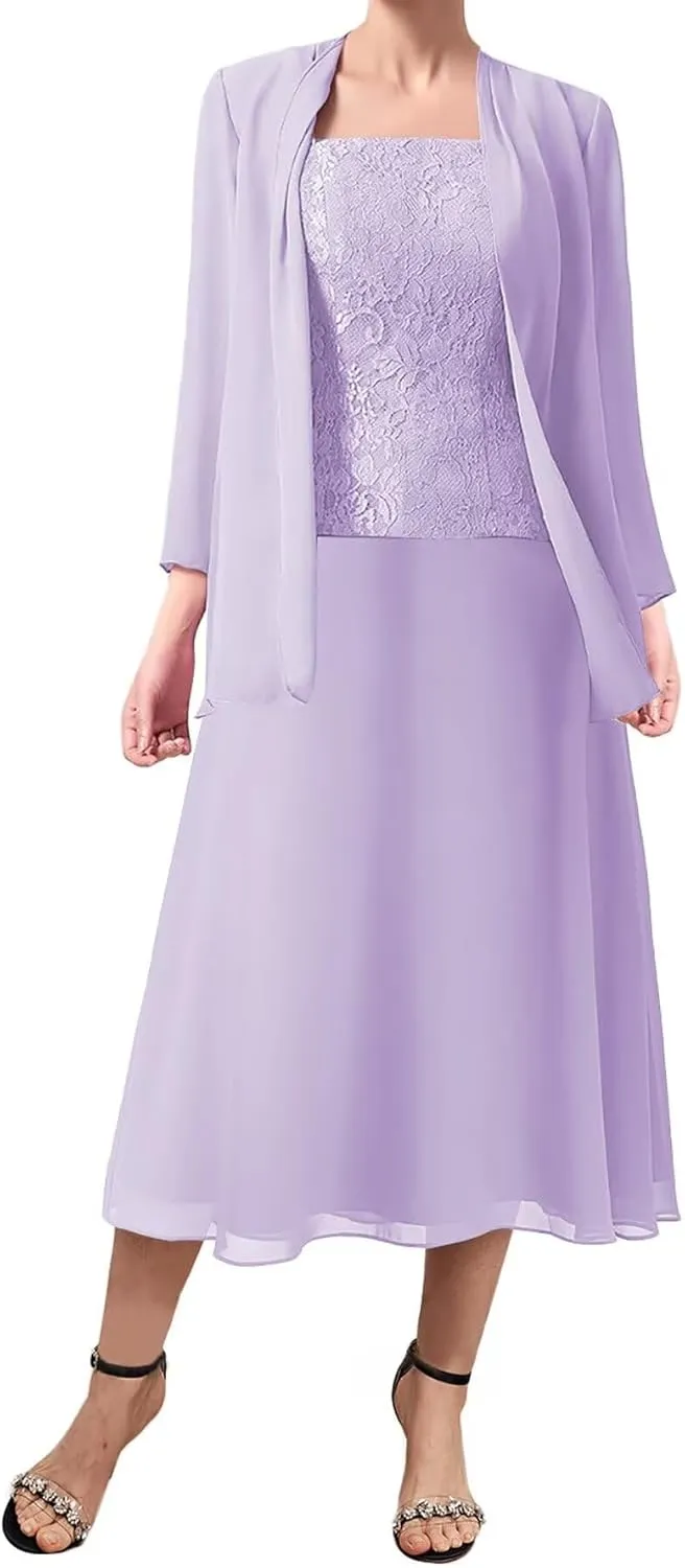 3 Pieces Mother of The Bride Dresses Women Chiffon Formal Evening Gowns with Long Sleeve Jackets