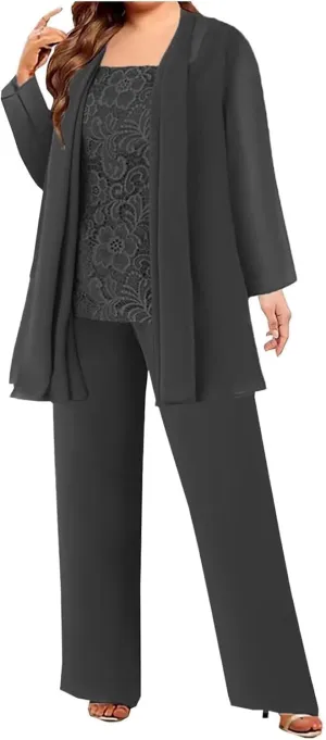 3 Pieces Mother of The Bride Pant Suits with Jackets Chiffon Lace Mother of The Groom Pantsuits for Wedding