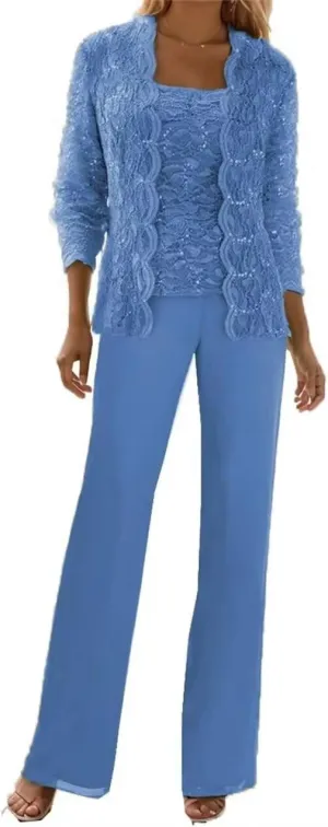 3 Pieces Mother of The Bride Pant Suits with Jackets Sequins Lace Wedding Guest Dresses for Women