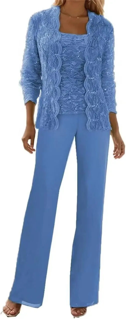 3 Pieces Mother of The Bride Pant Suits with Jackets Sequins Lace Wedding Guest Dresses for Women