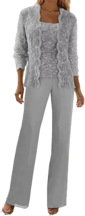 3 Pieces Mother of The Bride Pant Suits with Jackets Sequins Lace Wedding Guest Dresses for Women