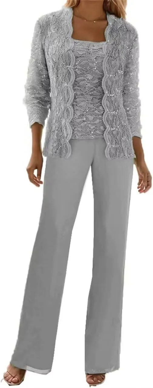 3 Pieces Mother of The Bride Pant Suits with Jackets Sequins Lace Wedding Guest Dresses for Women