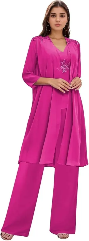 3 Pieces Mother of The Bride Pantsuits for Wedding Long Sleeve Chiffon Lace Formal Outfits for Women with Jackets