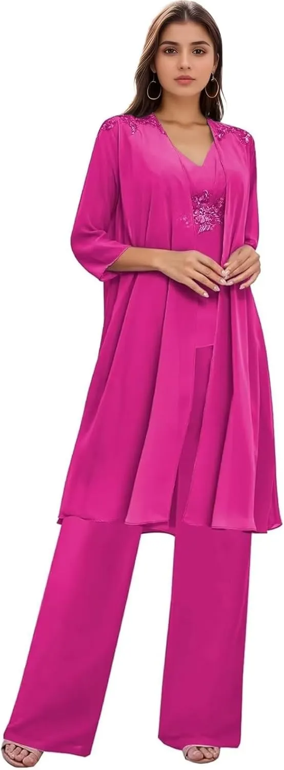 3 Pieces Mother of The Bride Pantsuits for Wedding Long Sleeve Chiffon Lace Formal Outfits for Women with Jackets