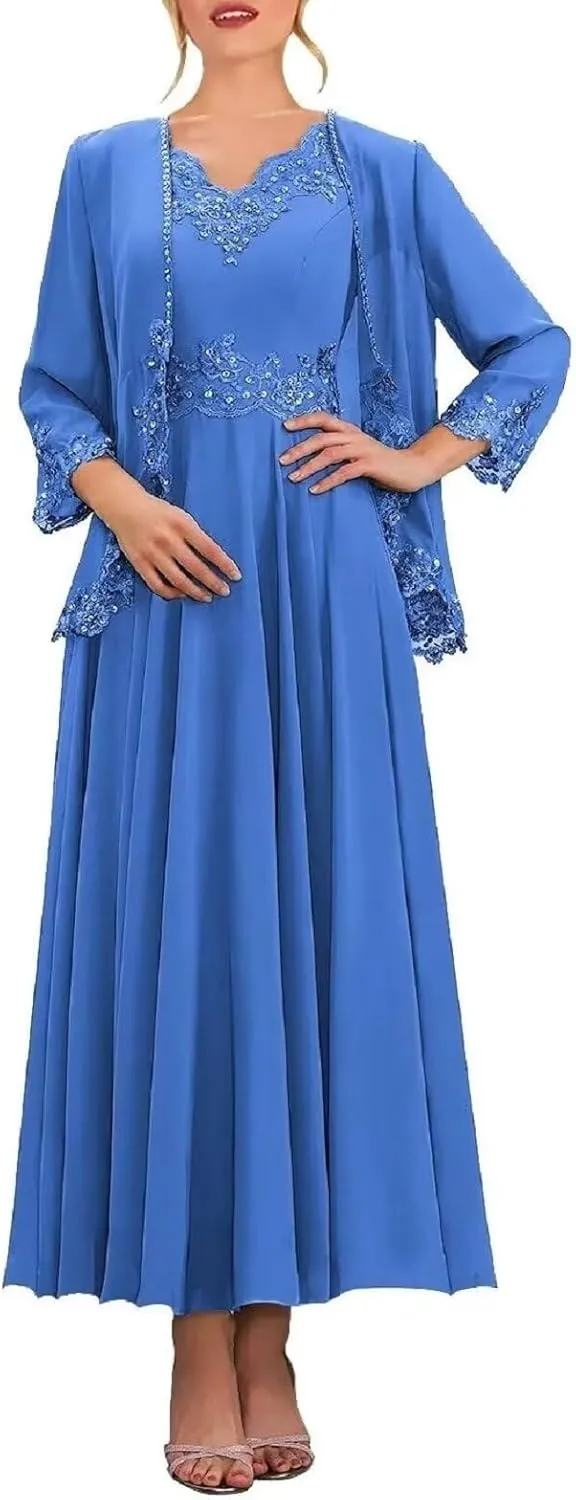 3/4 Sleeve Mother of The Bride Dresses with Jackets Beaded Sequin Lace Chiffon Formal Wedding Guest Dress