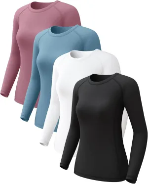 4 Pack Women's Compression Shirts Long Sleeve Athletic Workout Tops Sun Protection Cool Dry Undershirt for Yoga Gym