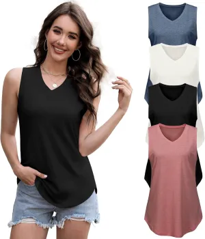 4 Pack Womens V Neck Tank Tops Casual Loose Fit Sleeveless Summer Tops Basic Shirts Flowy Curved Hem Outfits Clothes