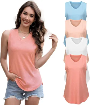 4 Pack Womens V Neck Tank Tops Casual Loose Fit Sleeveless Summer Tops Basic Shirts Flowy Curved Hem Outfits Clothes