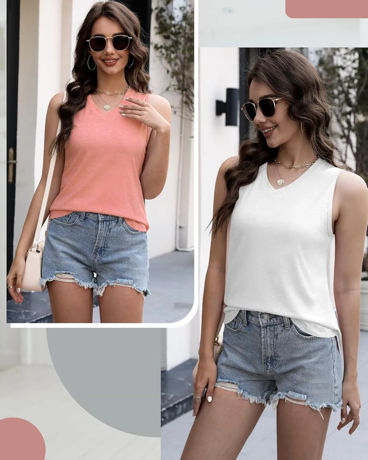 4 Pack Womens V Neck Tank Tops Casual Loose Fit Sleeveless Summer Tops Basic Shirts Flowy Curved Hem Outfits Clothes