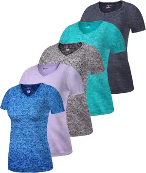 [5 Pack] Womens Dry-Fit Wicking V-Neck T Shirts Activewear Running Yoga Workout Gym Tee Top