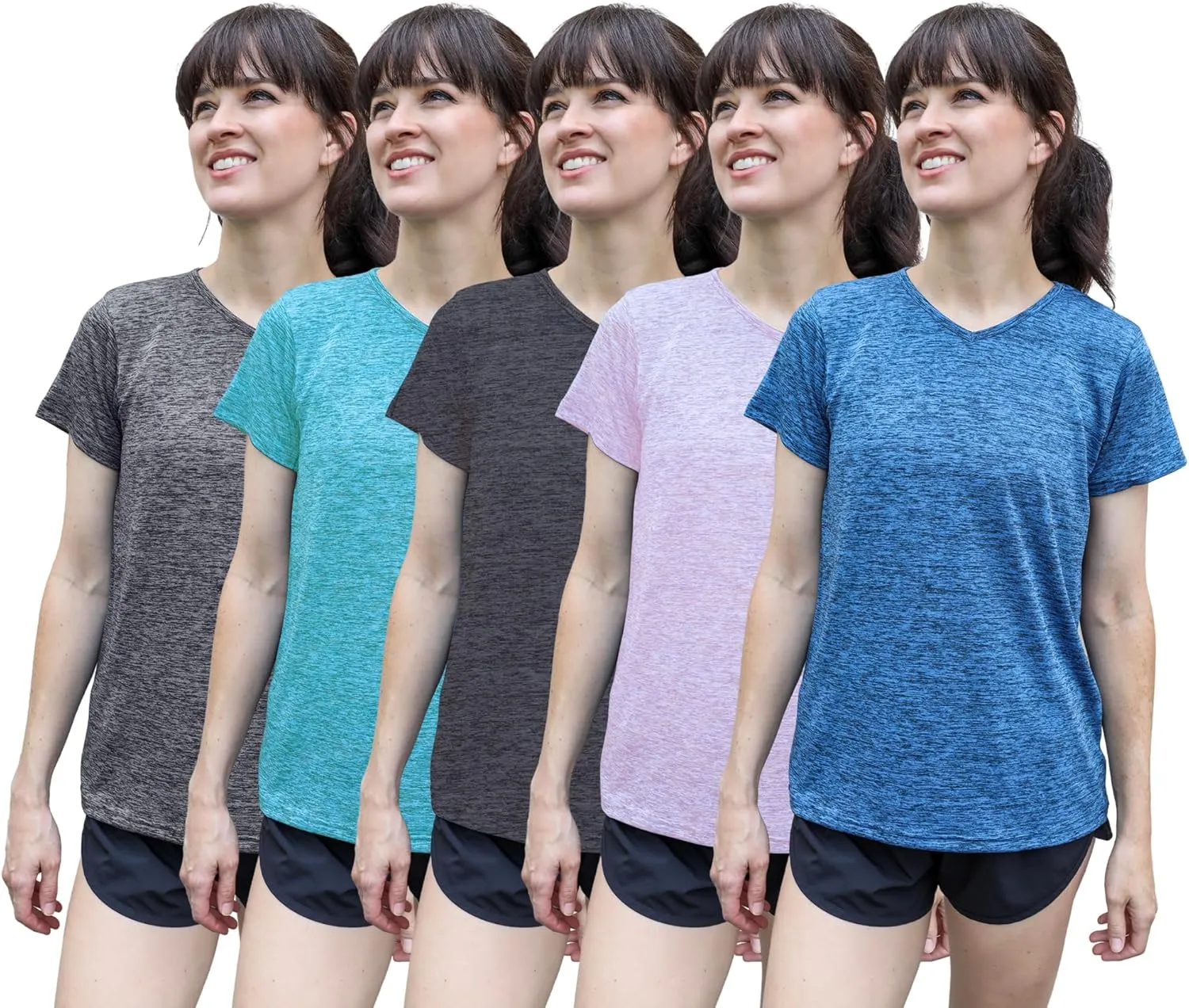 [5 Pack] Womens Dry-Fit Wicking V-Neck T Shirts Activewear Running Yoga Workout Gym Tee Top