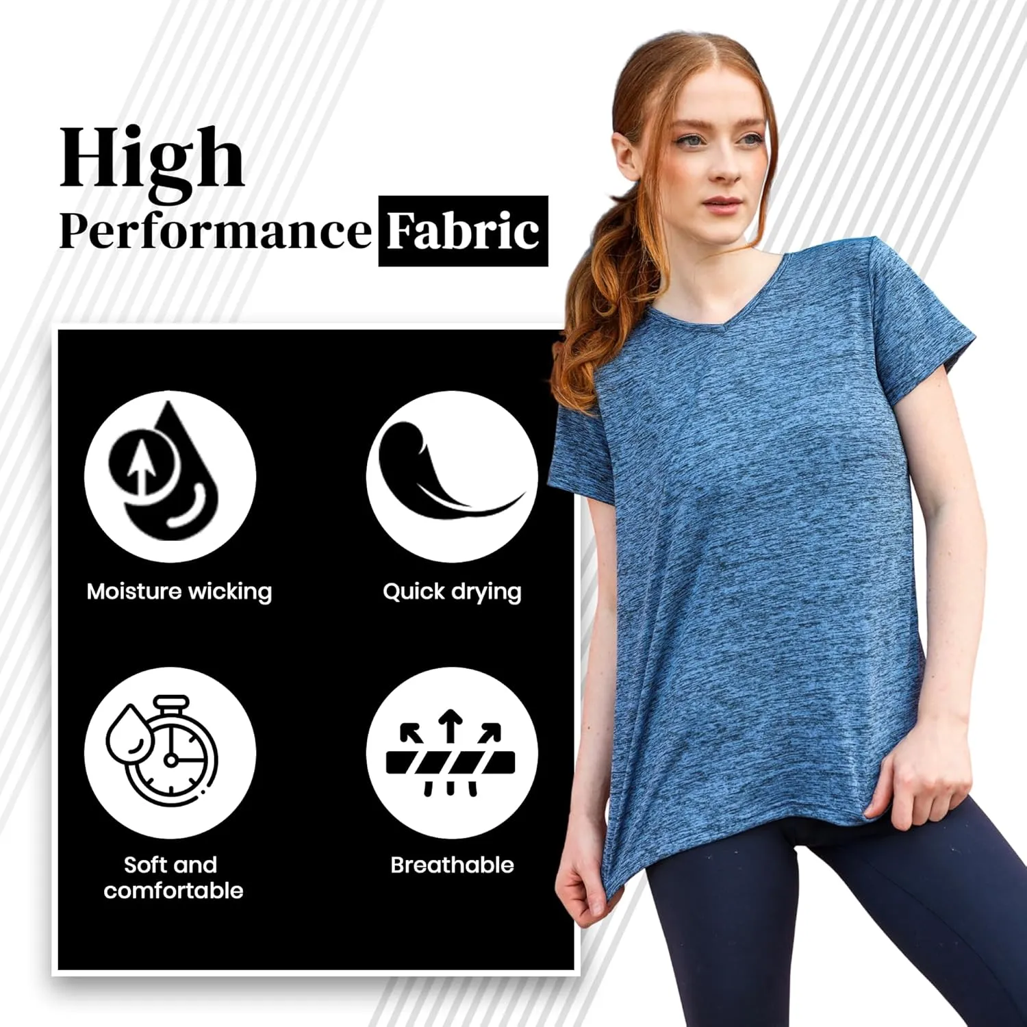 [5 Pack] Womens Dry-Fit Wicking V-Neck T Shirts Activewear Running Yoga Workout Gym Tee Top