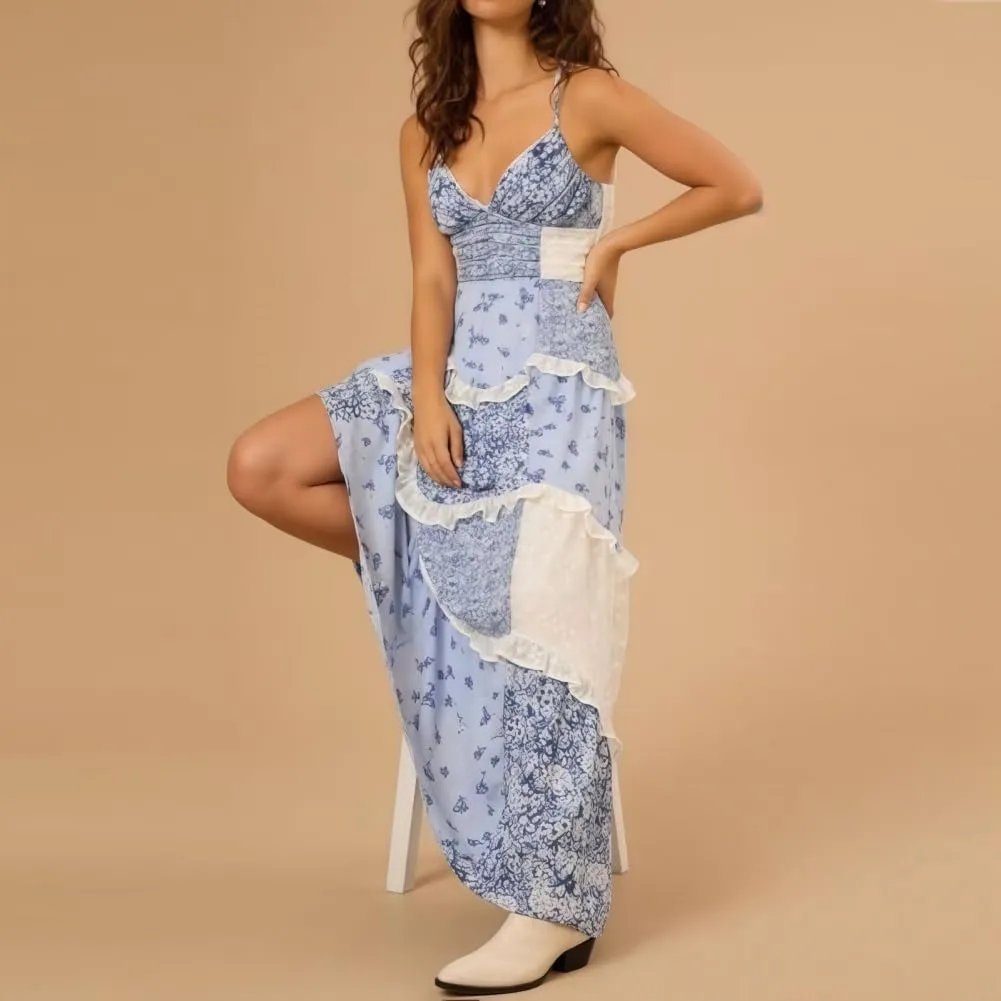 Adernlia Floral Maxi Dress, Boho Flowy Floral Summer Patchwork Maxi Dresses Sleeveless, Y2k Long Sundresses for Women