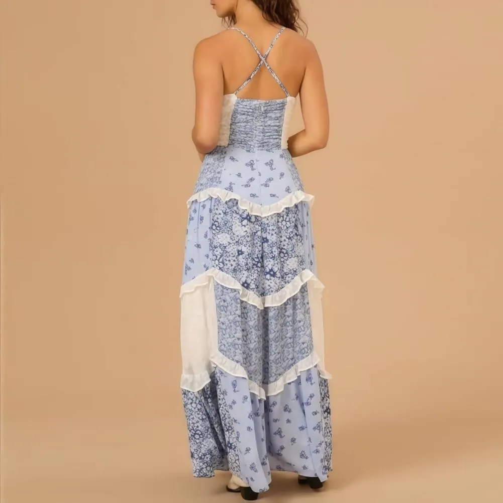 Adernlia Floral Maxi Dress, Boho Flowy Floral Summer Patchwork Maxi Dresses Sleeveless, Y2k Long Sundresses for Women