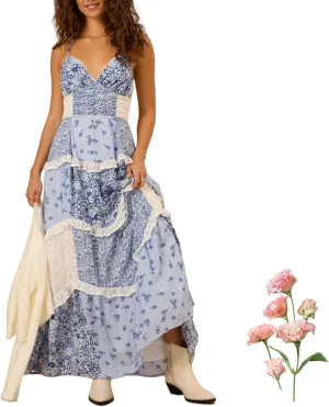 Adernlia Floral Maxi Dress, Boho Flowy Floral Summer Patchwork Maxi Dresses Sleeveless, Y2k Long Sundresses for Women