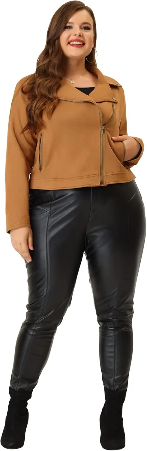 Agnes Orinda Plus Size Suede Jacket for Women Cropped Moto Biker Zip Up Faux Leather Suede Coat Jackets