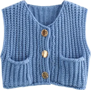 Ainangua Sleeveless Cropped Cardigan for Women Casual Chunky Knit Tank Tops Button Down Open Front Sweater Vest with Pockets
