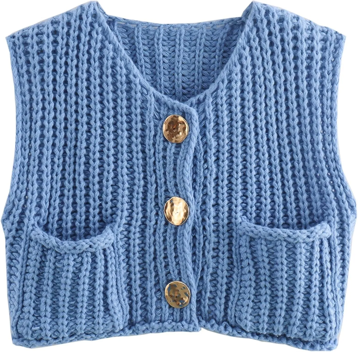 Ainangua Sleeveless Cropped Cardigan for Women Casual Chunky Knit Tank Tops Button Down Open Front Sweater Vest with Pockets