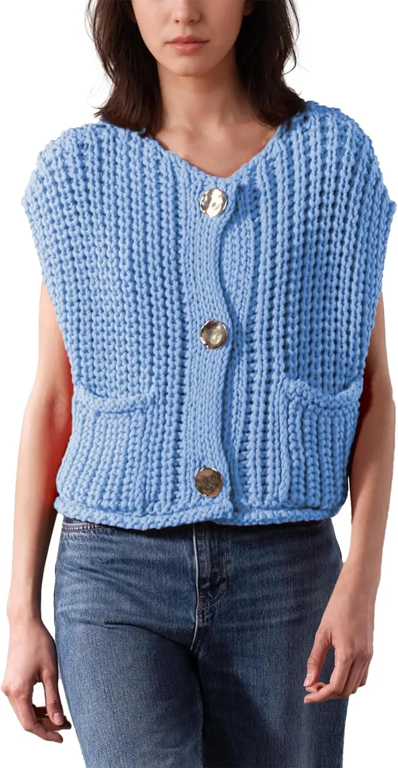 Ainangua Sleeveless Cropped Cardigan for Women Casual Chunky Knit Tank Tops Button Down Open Front Sweater Vest with Pockets