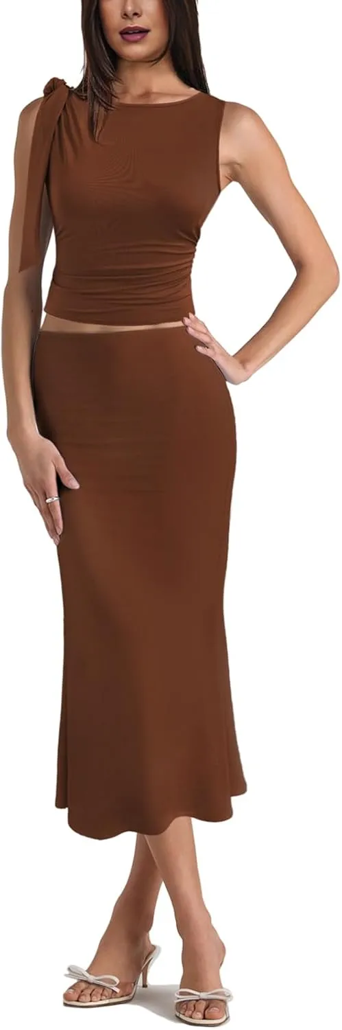 Aisbei Womens 2 Piece Outfits Sleeveless Tie Shoulder Ruched Tank Crop Top High Waist Maxi Skirt Set Long Dress