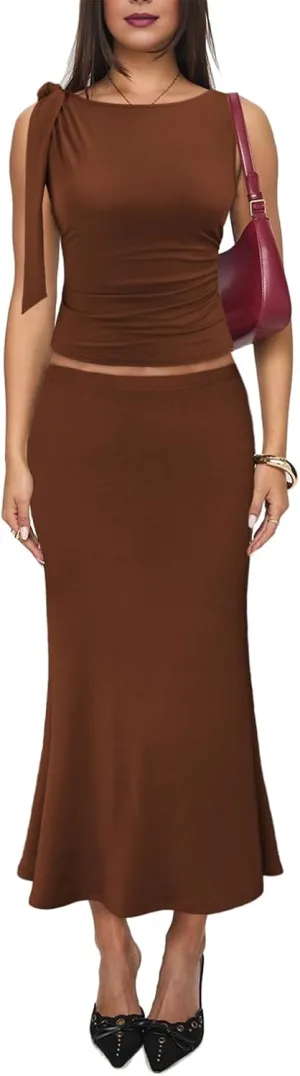 Aisbei Womens 2 Piece Outfits Sleeveless Tie Shoulder Ruched Tank Crop Top High Waist Maxi Skirt Set Long Dress