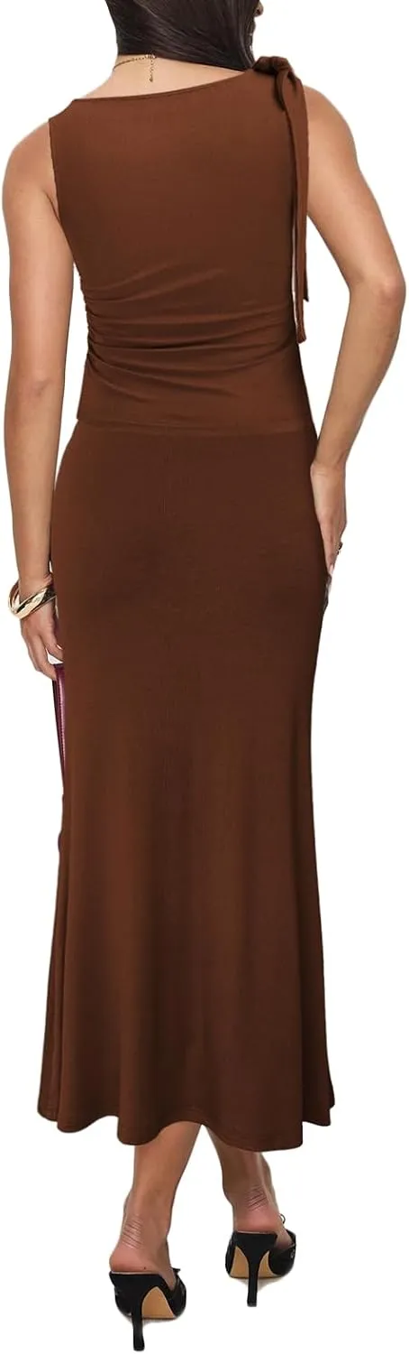 Aisbei Womens 2 Piece Outfits Sleeveless Tie Shoulder Ruched Tank Crop Top High Waist Maxi Skirt Set Long Dress