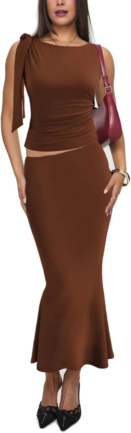 Aisbei Womens 2 Piece Outfits Sleeveless Tie Shoulder Ruched Tank Crop Top High Waist Maxi Skirt Set Long Dress